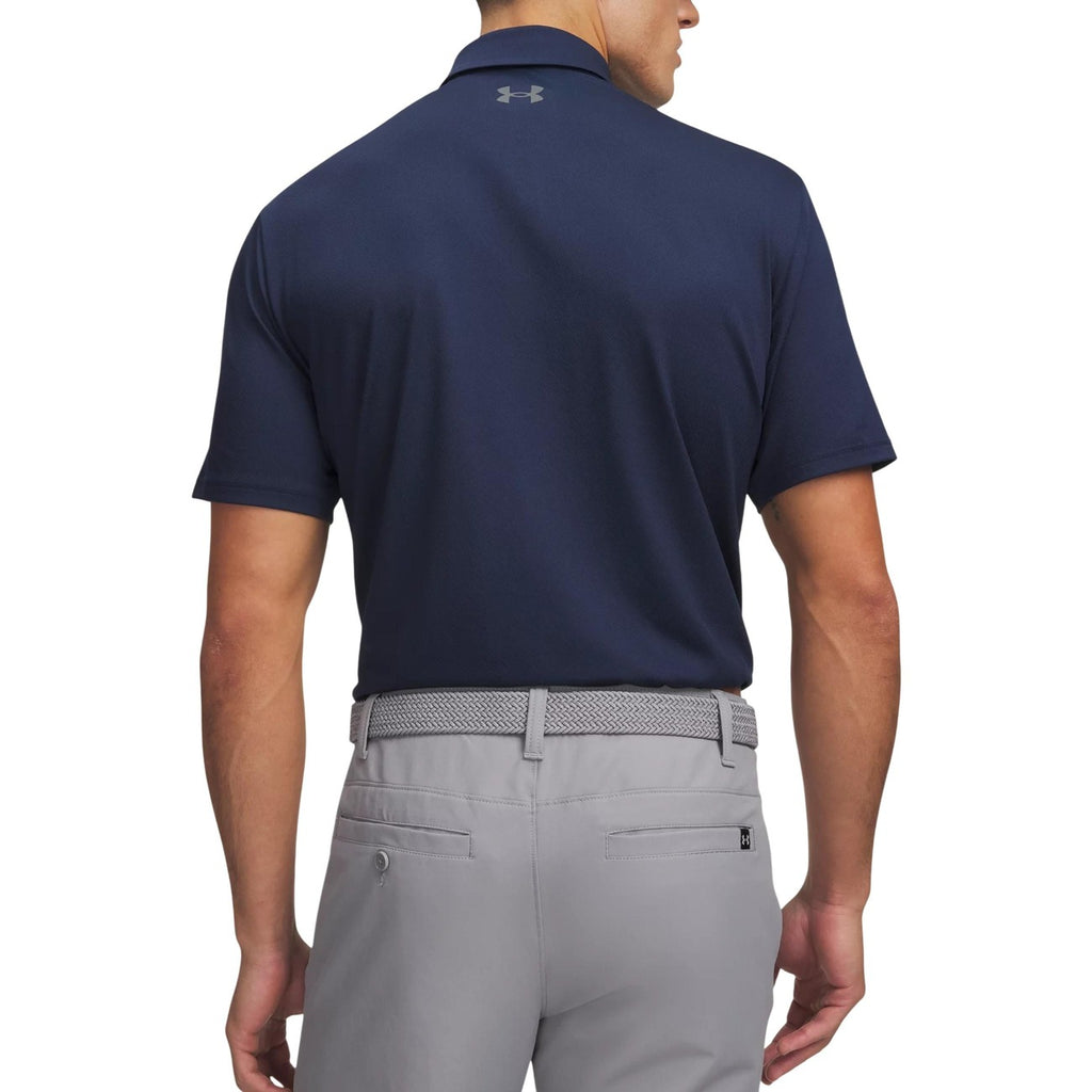Back view of the navy polo shirt showcasing short sleeves and collar on a white background