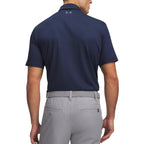 Back view of the navy polo shirt showcasing short sleeves and collar on a white background