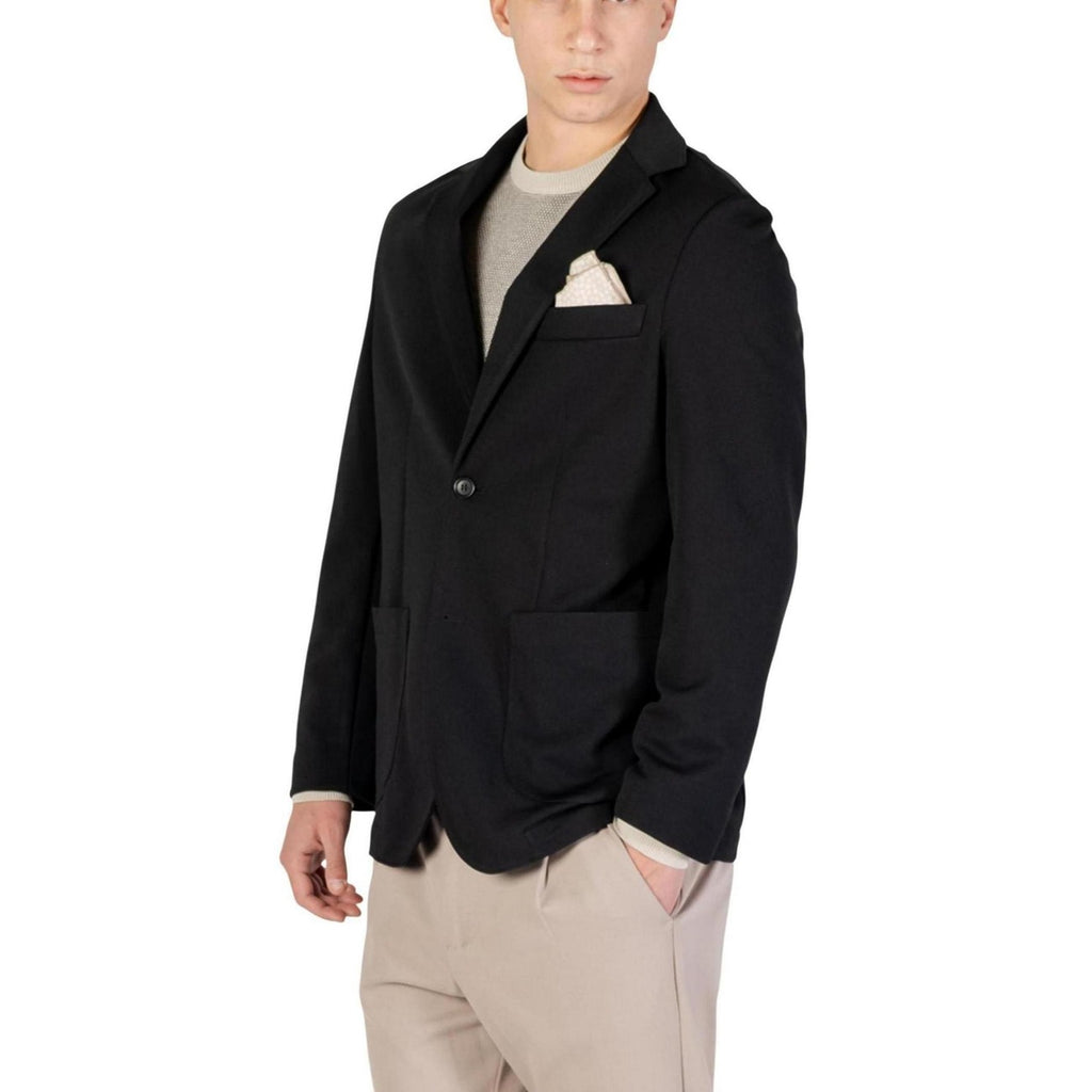 Side view of a black blazer with a notched lapel and pocket square displayed on a white background.