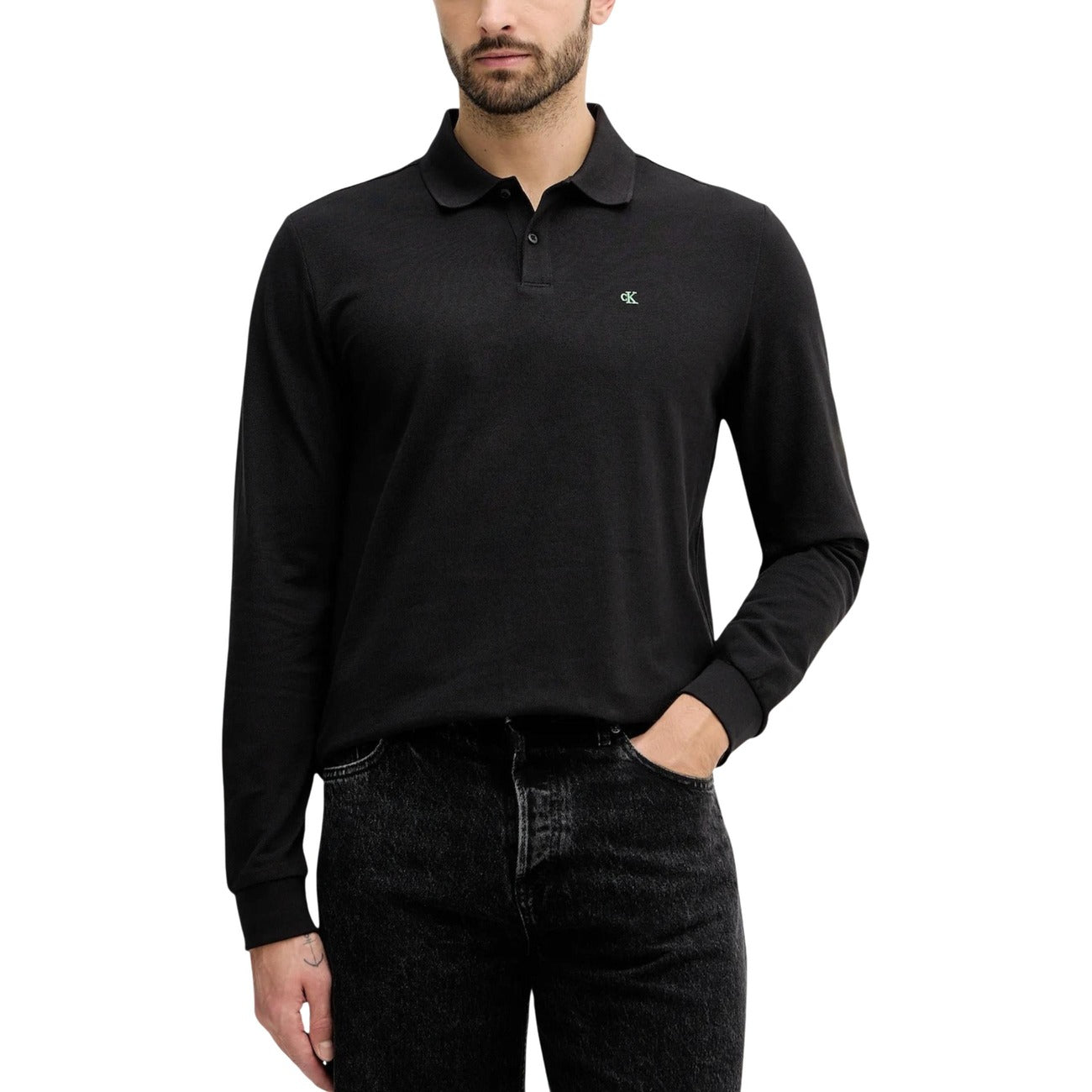 Front view of the black long-sleeve polo featuring a collared design and button placket.