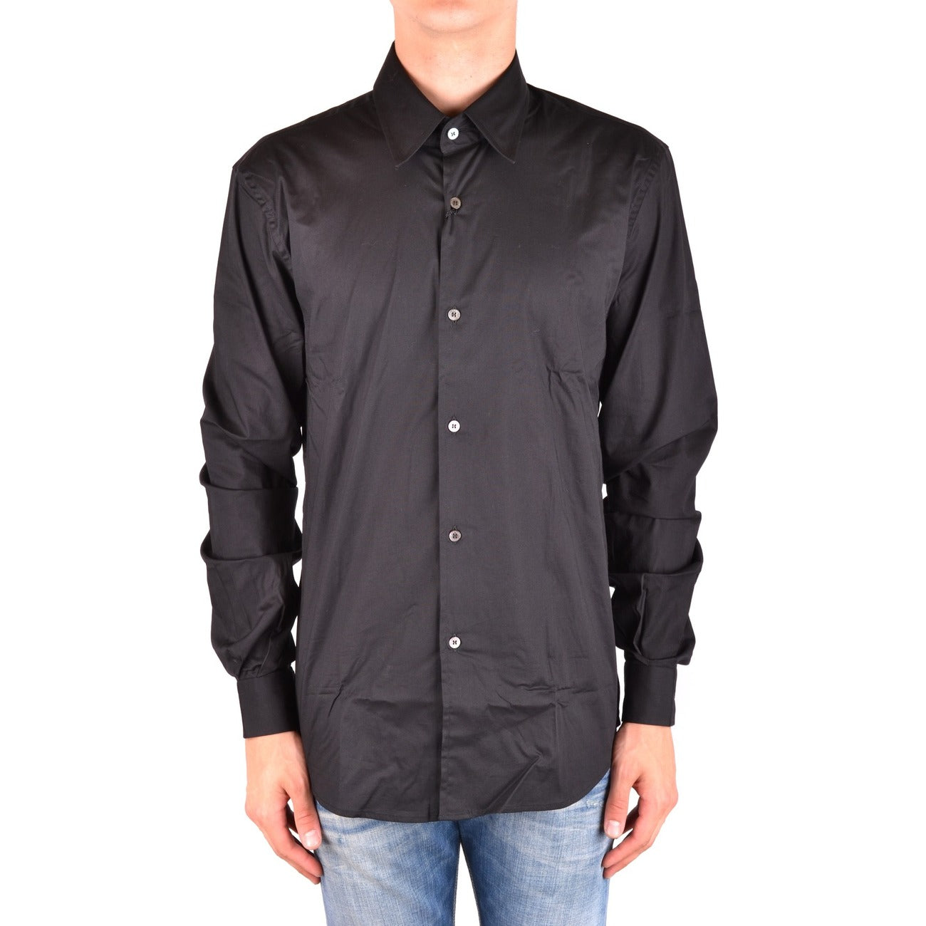Costume National Men Shirt Cotton Black – front view, round neck, classic collar, long sleeves