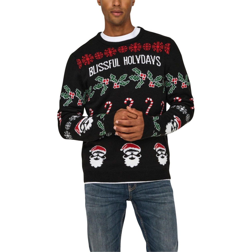 Only & Sons Men Knitwear Black – front view, print pattern, round neck, long sleeves