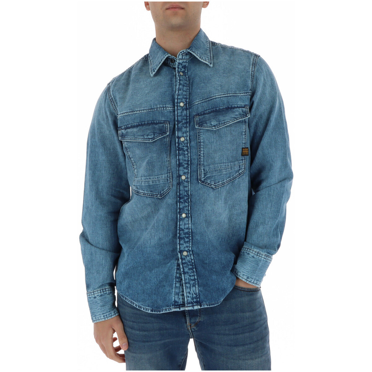 G-star Men Shirt 100% Cotton Blue – front view, round neck, classic collar, long sleeves