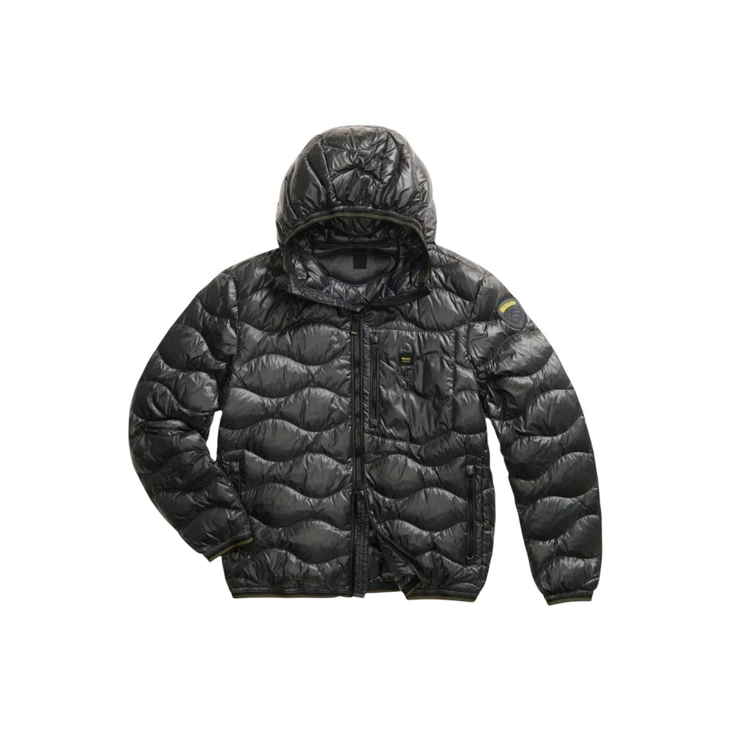 Front view of the black puffer jacket featuring a hood and quilted design against a white background.