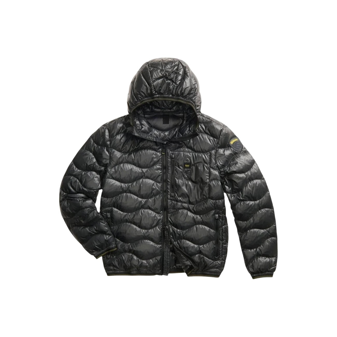 Front view of the black puffer jacket featuring a hood and quilted design against a white background.