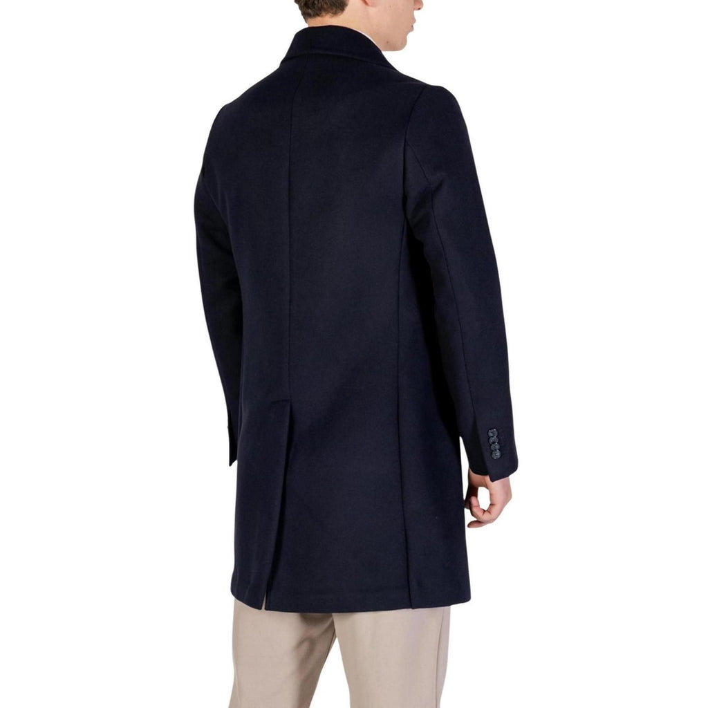 Yos Men Coat V-Neck Blue Polyester Elastane