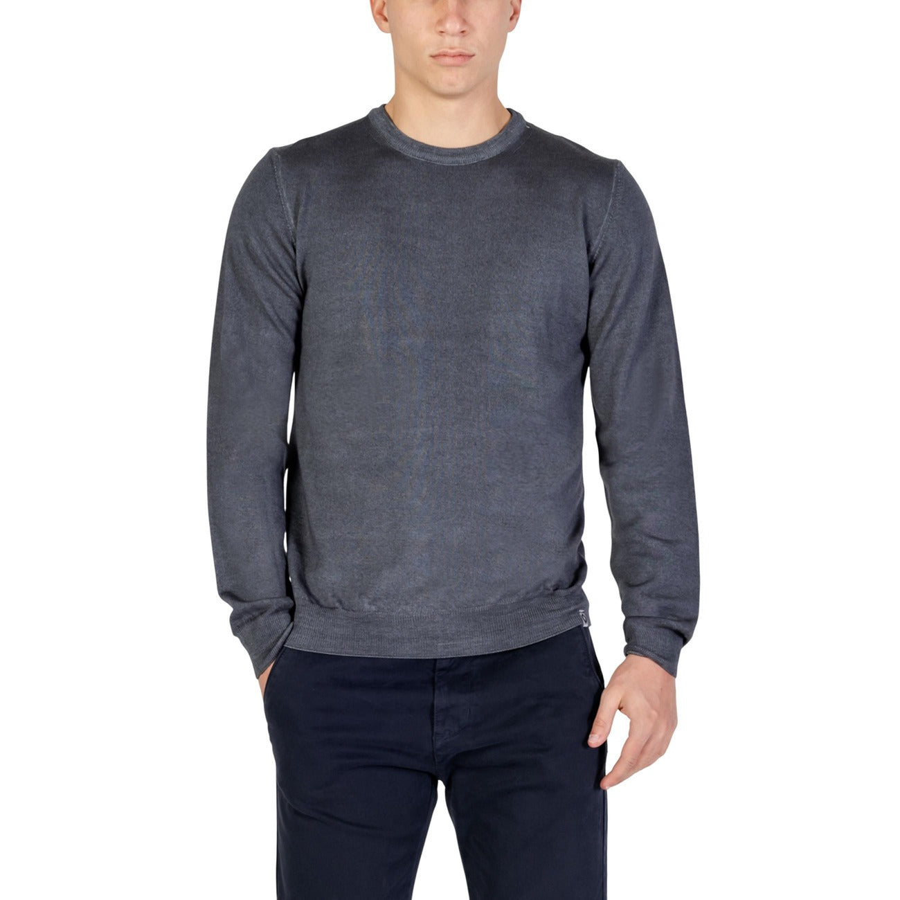 Yos Men Knitwear 100% Wool Grey – front view, round neck, long sleeves