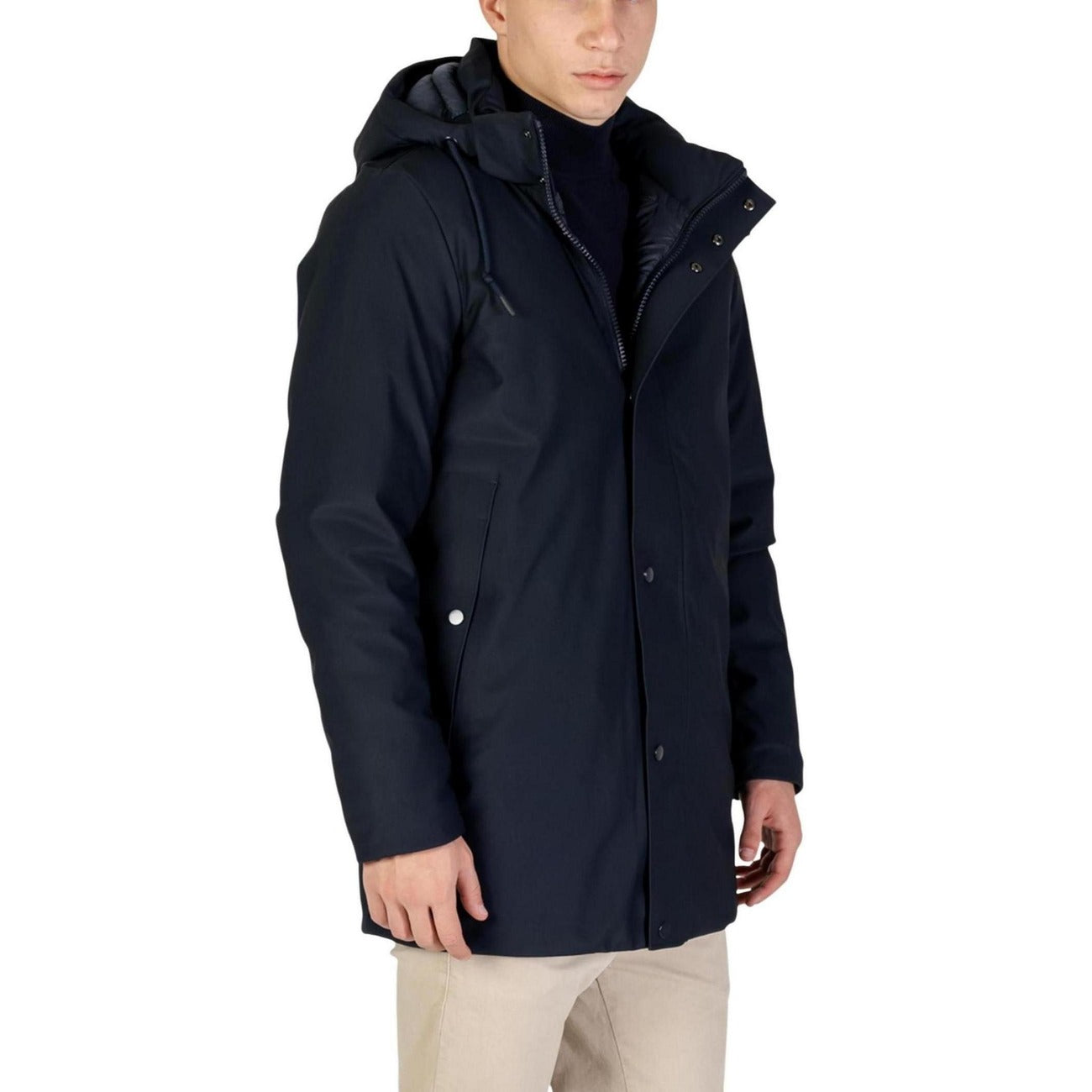 Side view of the navy jacket with a hood and zipper closure displayed on a white background.