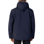 Back view of the navy Napapijri jacket showcasing the hood and logo on a solid color background.