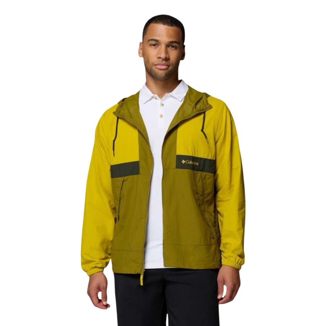 Front view of the green Columbia men's blazer showcasing its hood and zipper details on a white background.