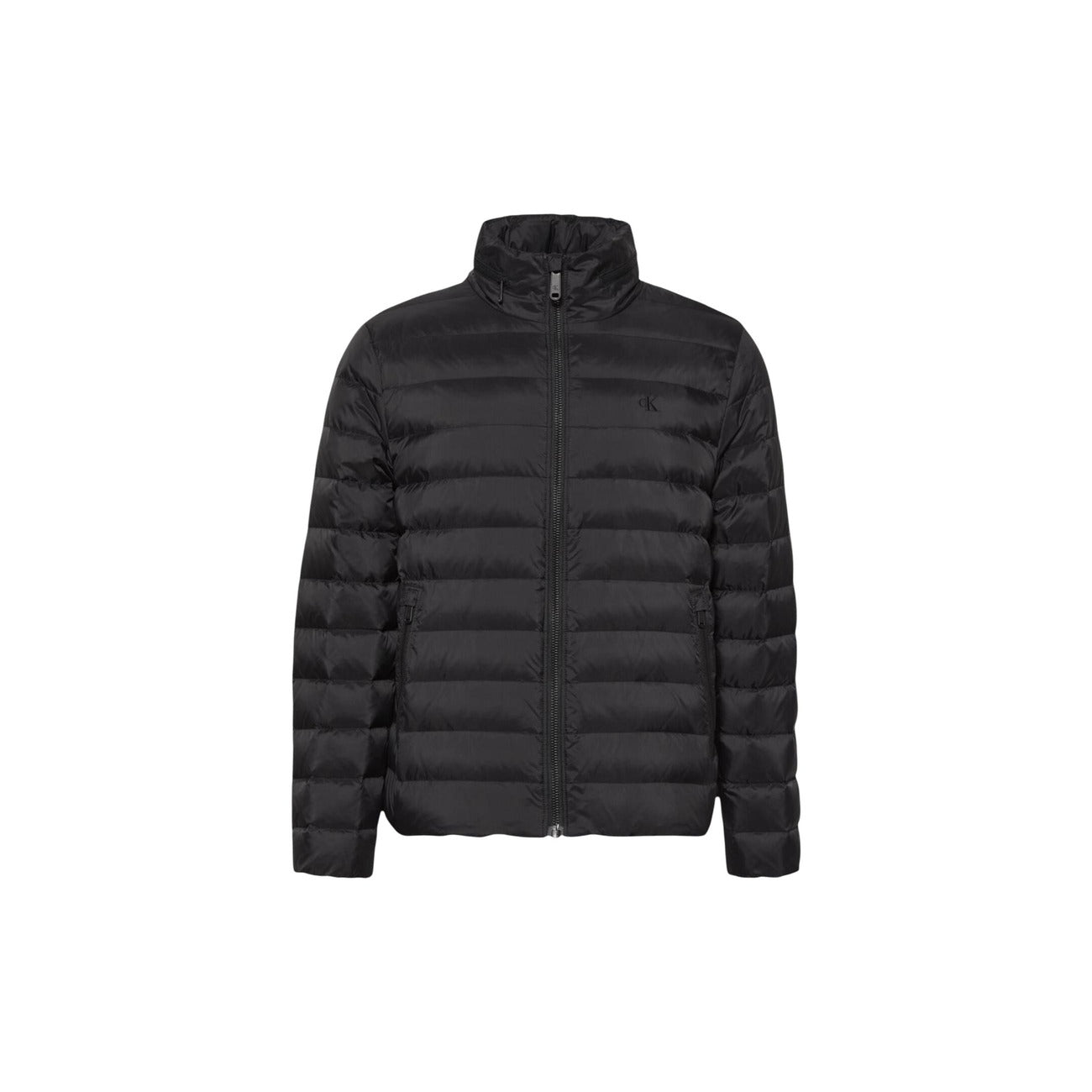 Front view of the black puffer jacket featuring a quilted design and high collar against a white background.