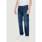 Lifestyle shot of blue jeans with a straight fit and five pockets.