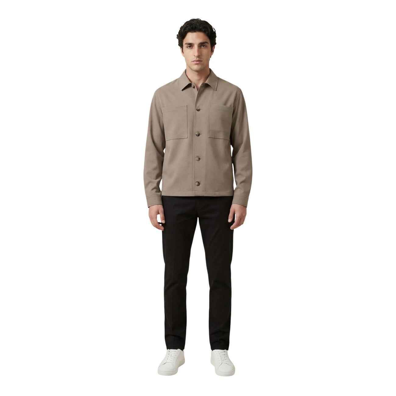 Lifestyle shot of the brown blazer with button closure and long sleeves, complemented by black elements on a white background