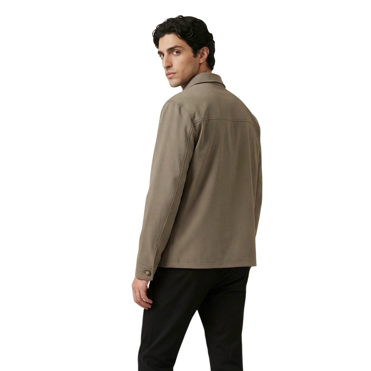 Back view of the brown blazer with long sleeves and classic collar on a white background