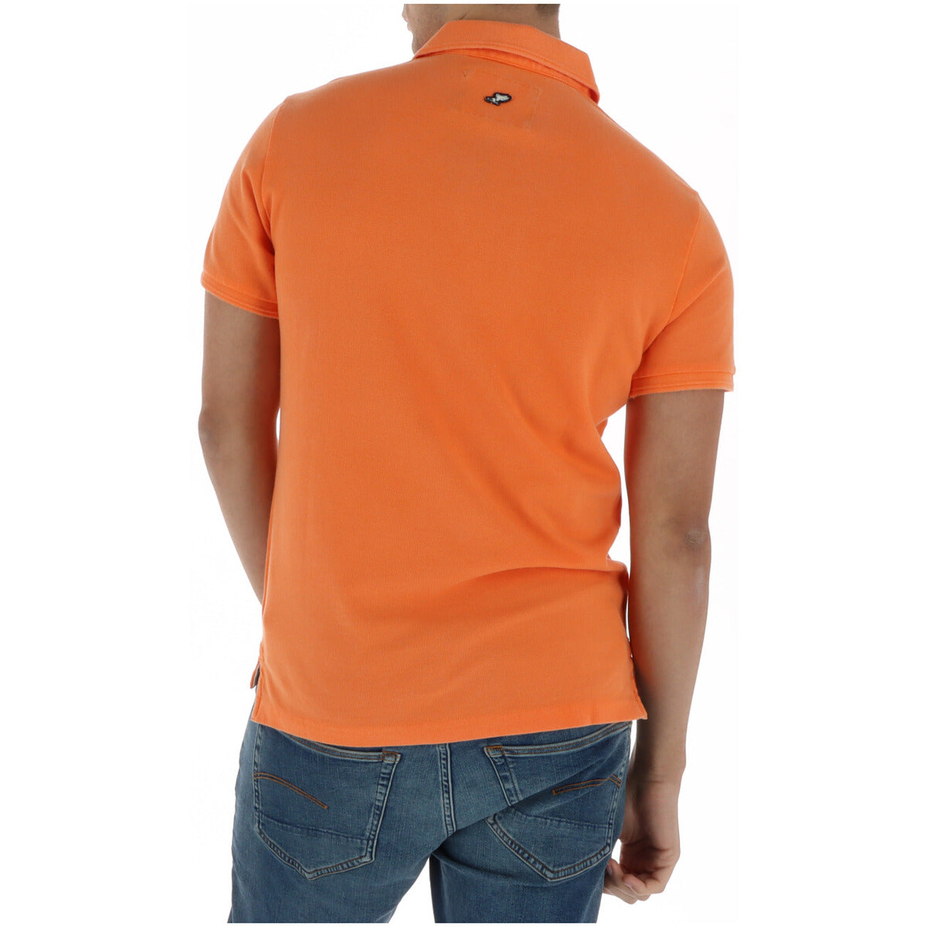Back view of the orange polo shirt featuring short sleeves and a collared design against a white background