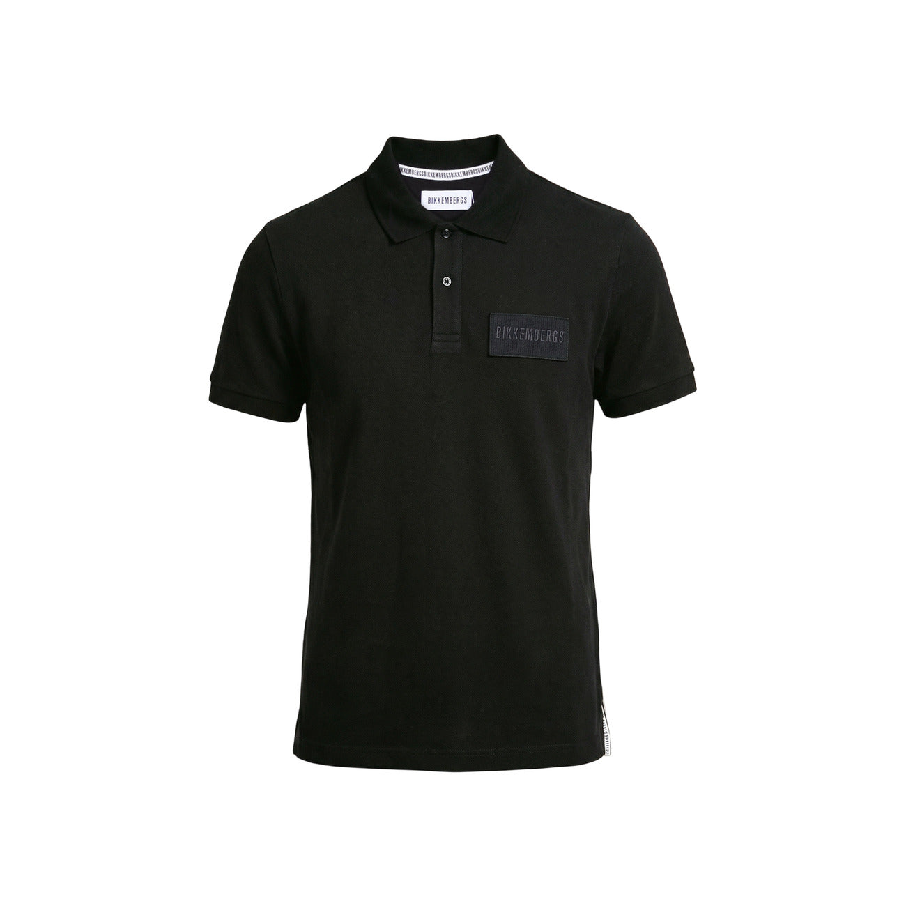 Front view of the black polo shirt featuring a collar and short sleeves against a white background.