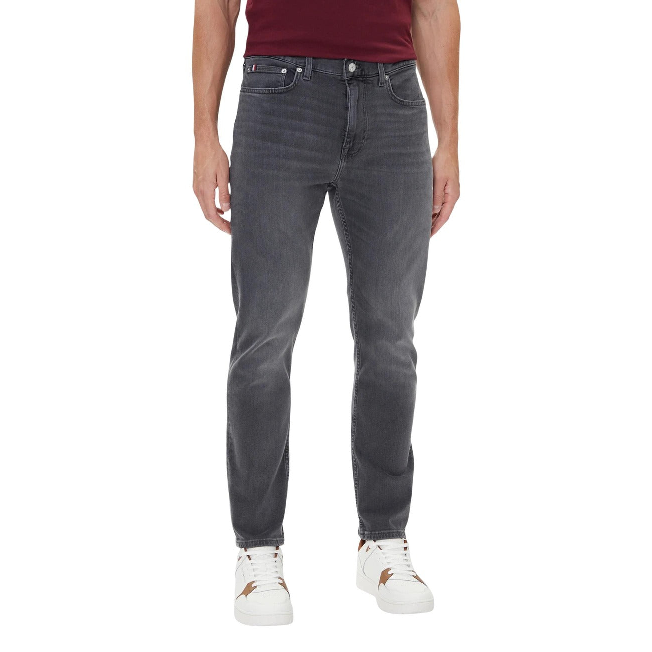Front view of the gray slim fit jeans featuring five pockets on a white background