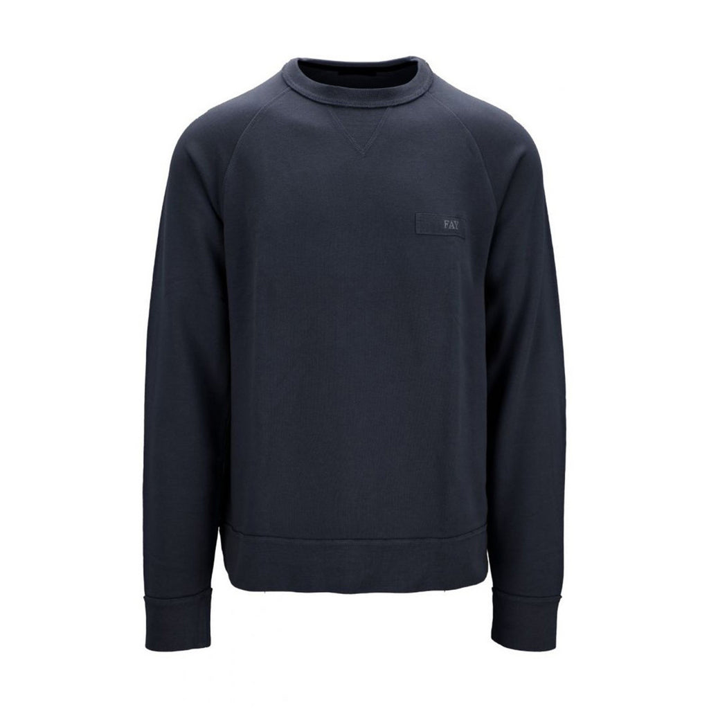 Front view of the navy sweatshirt featuring a crew neck and long sleeves on a white background