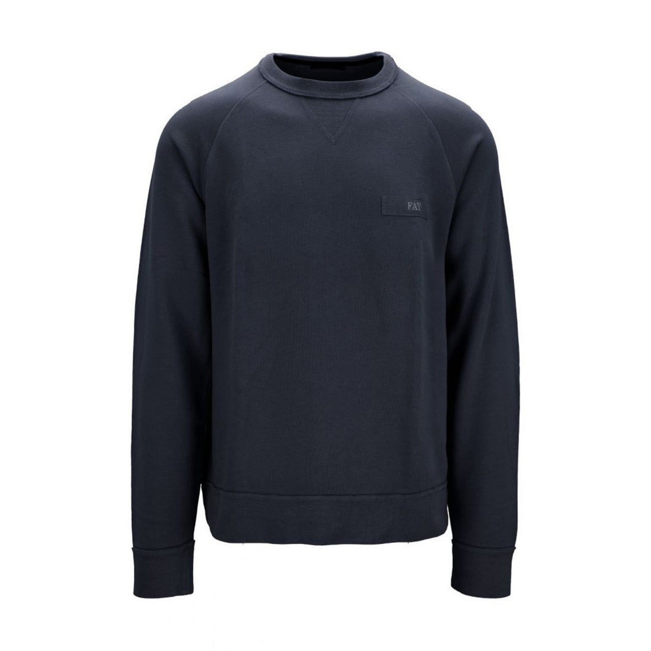 Front view of the navy sweatshirt featuring a crew neck and long sleeves on a white background