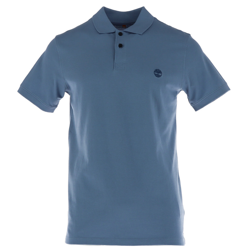Front view of the light blue polo shirt featuring a collar and short sleeves on a white background.