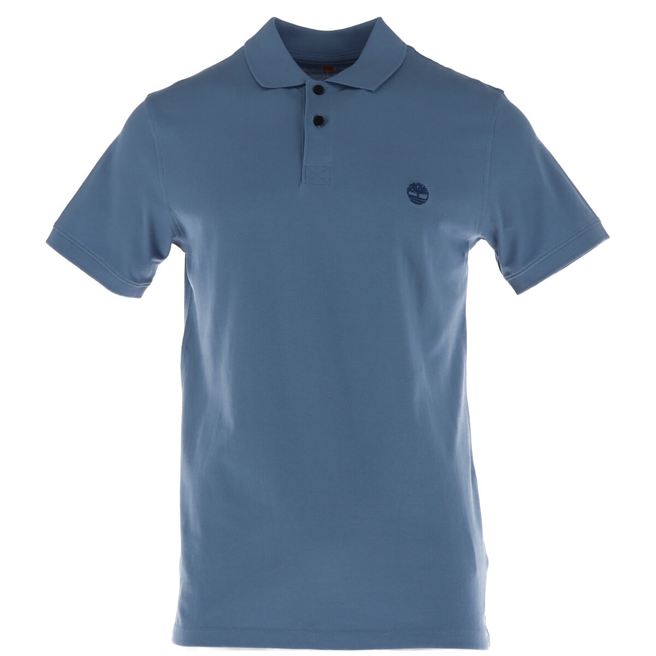 Front view of the light blue polo shirt featuring a collar and short sleeves on a white background.