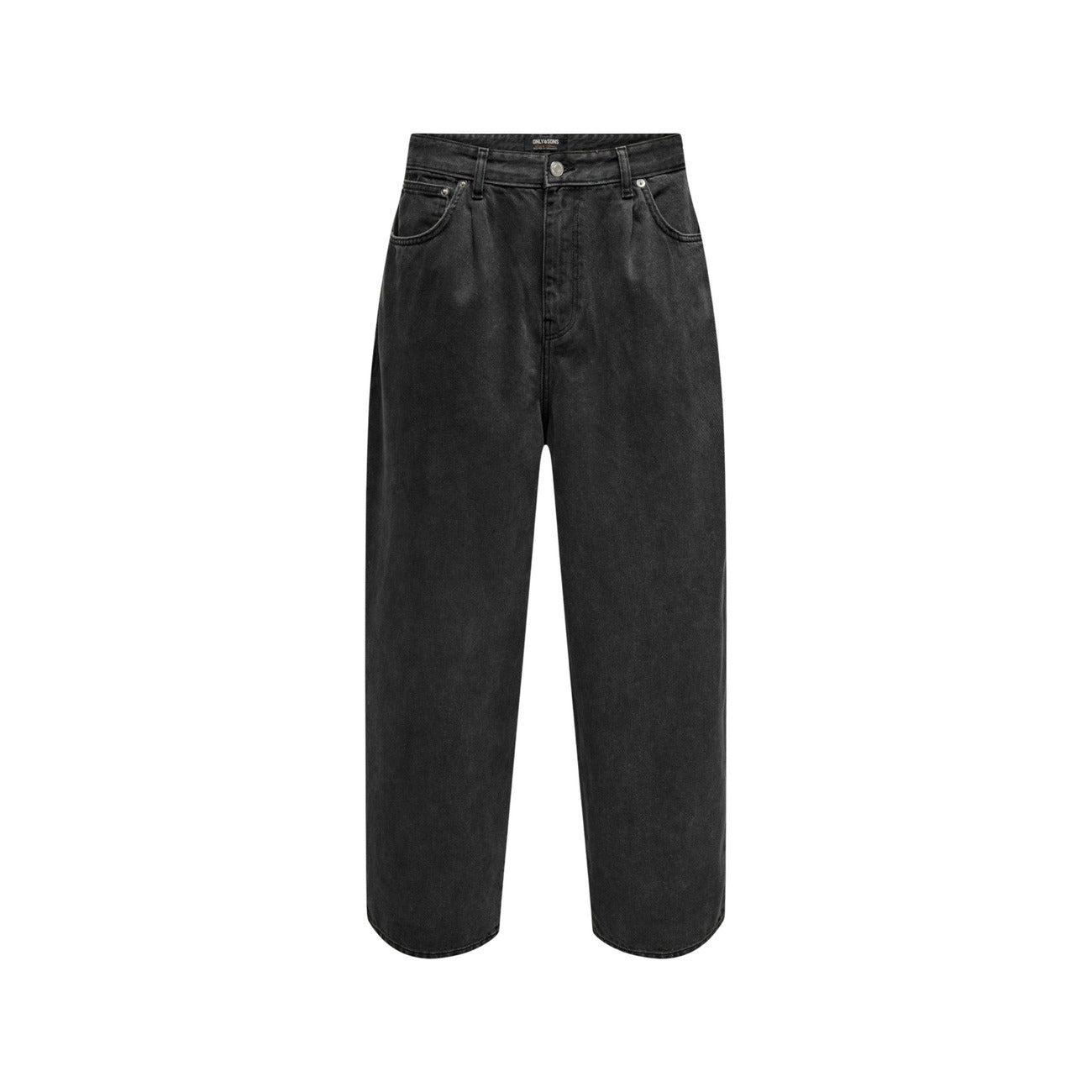Front view of black wide-leg pants with high waist and button closure on a white background