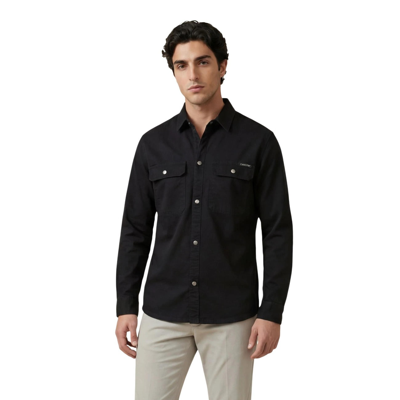 Calvin Klein Jeans Men Shirt Cotton Black – front view, round neck, classic collar, long sleeves