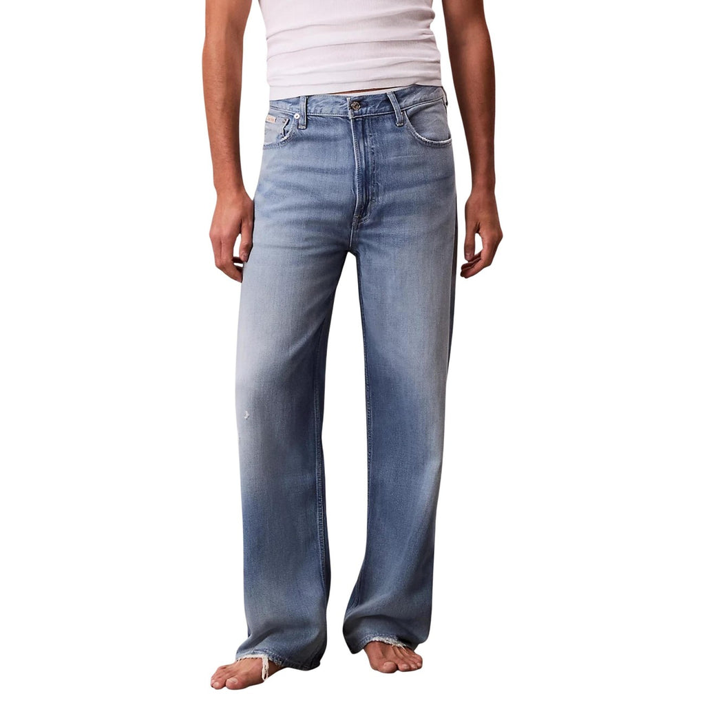 Front view of blue wide leg jeans with light wash on a white background