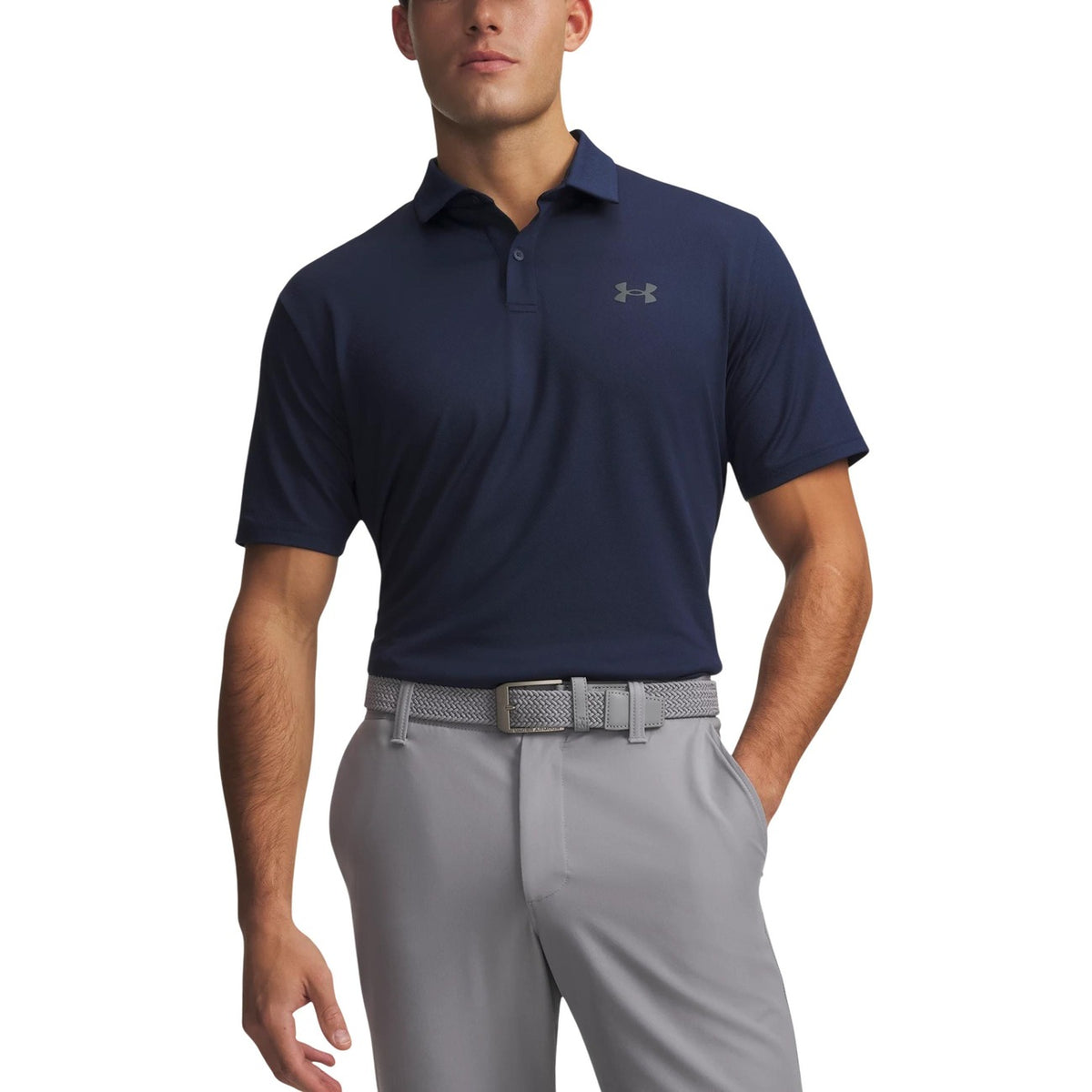 Front view of the navy polo shirt featuring short sleeves and collar on a white background