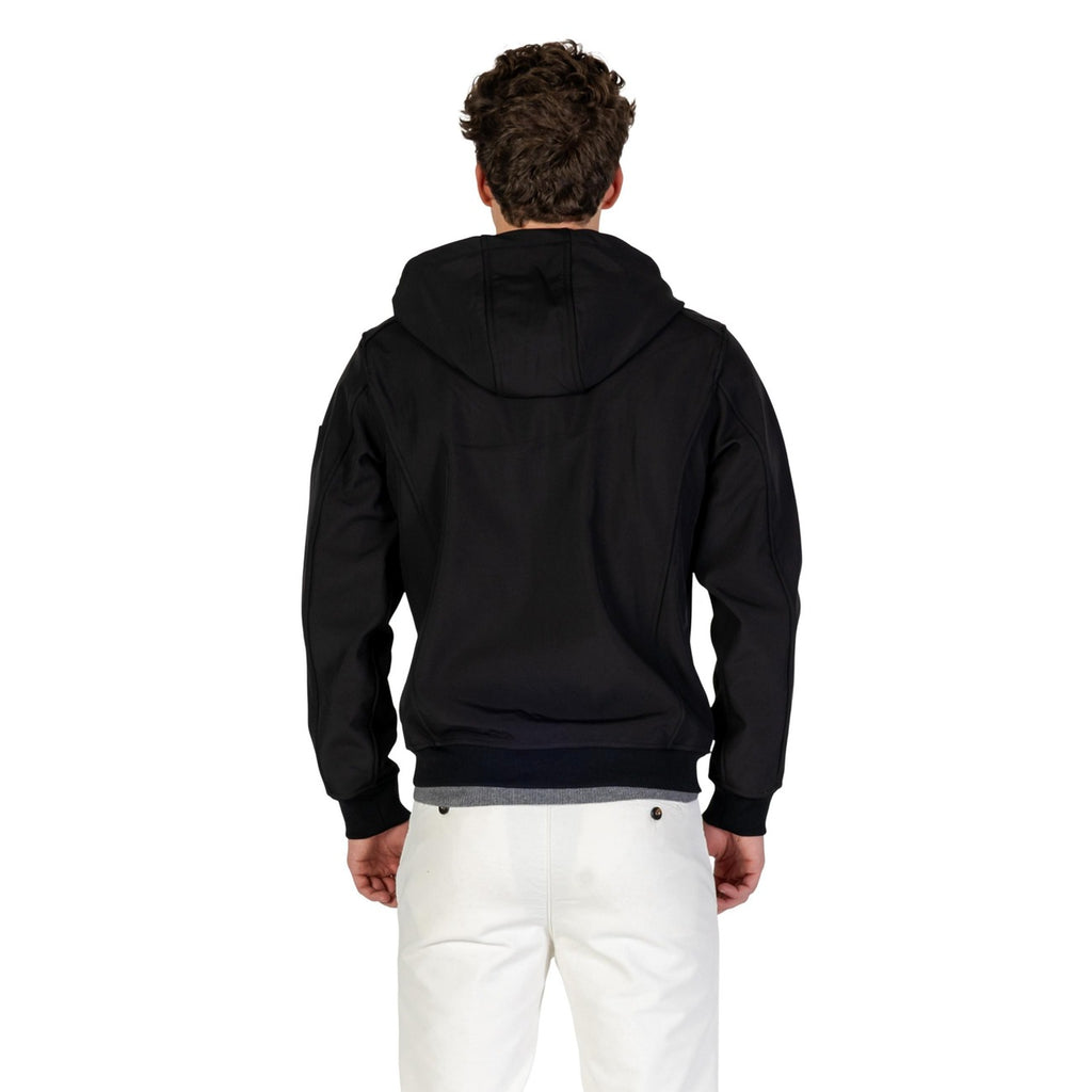Back view of a black hoodie blazer highlighting the hood feature.