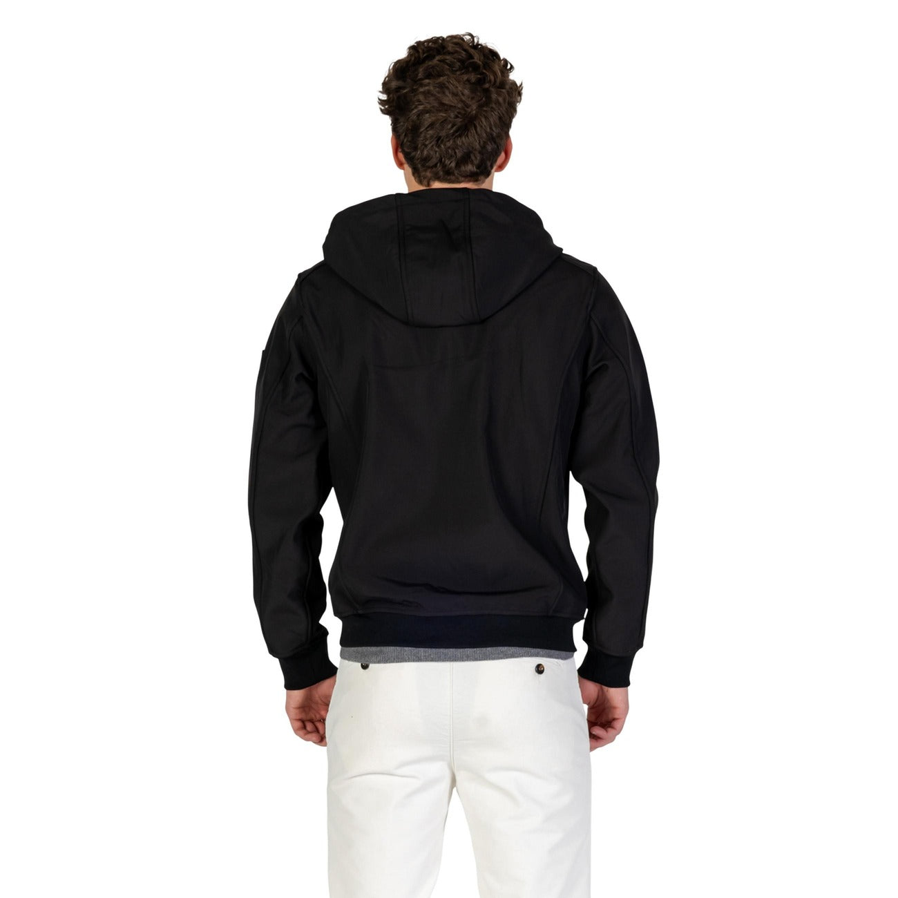 Back view of a black hoodie blazer highlighting the hood feature.