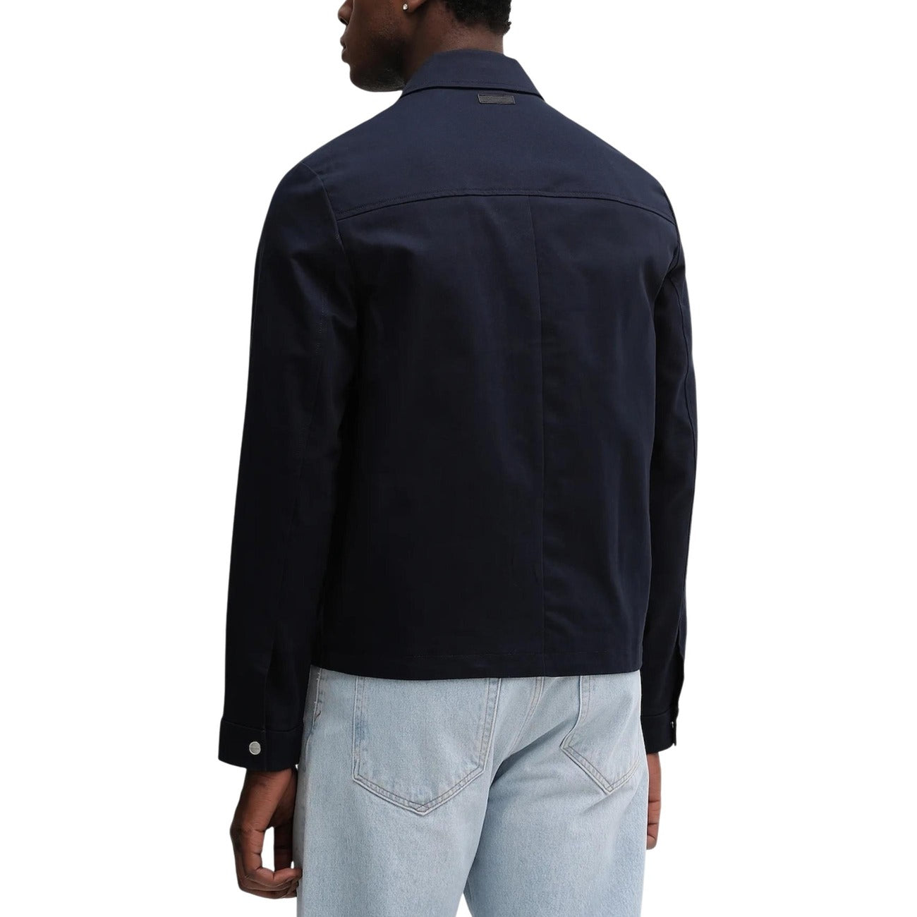 Back view of the navy blazer showcasing the collar and back detail on a white background.