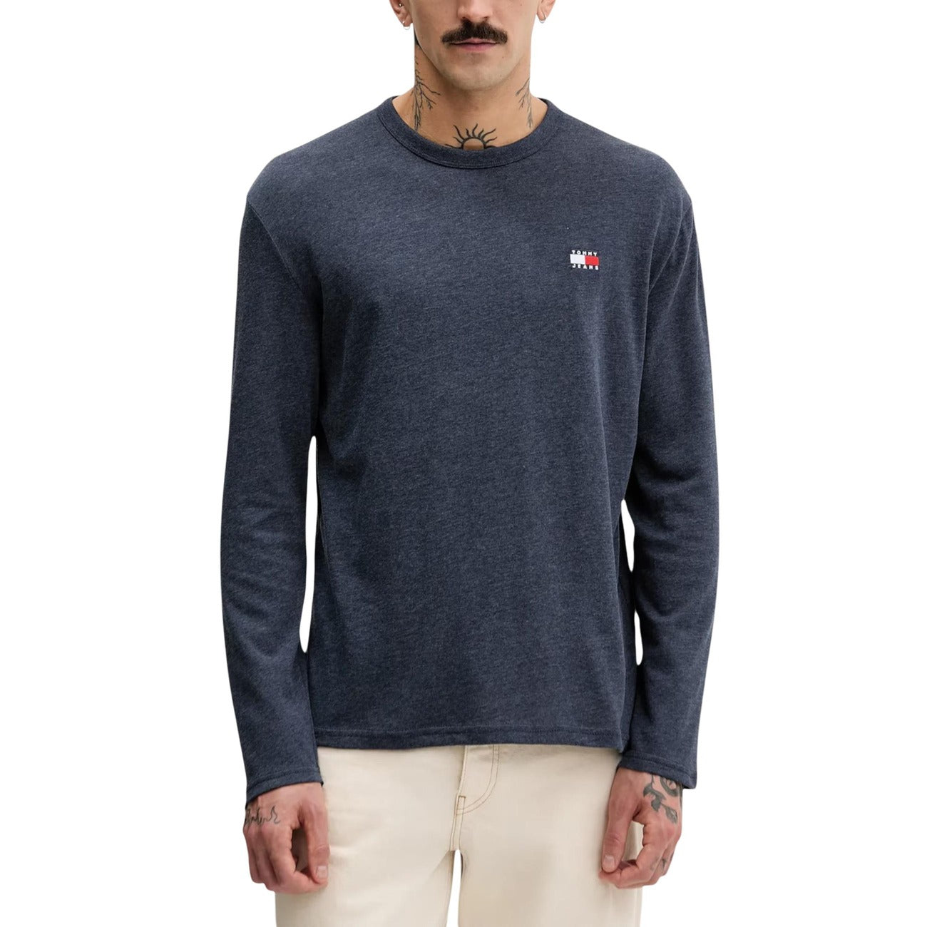 Tommy Hilfiger Jeans Men Knitwear Organic Cotton Blue – front view, round neck, long sleeves