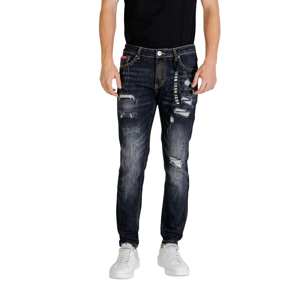 Front view of the blue distressed jeans featuring ripped details and a slim fit on a white background.