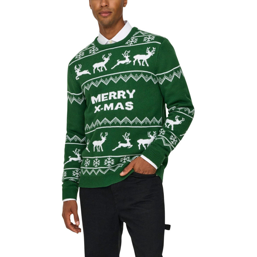 Only & Sons Men Knitwear Green – front view, print pattern, round neck, long sleeves