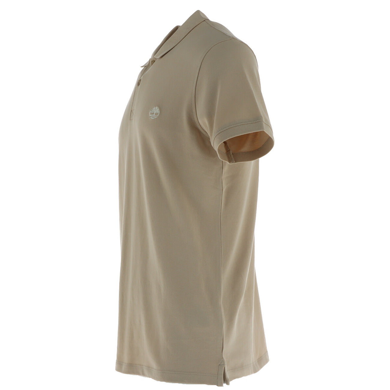 Side view of the beige polo shirt highlighting the collar and short sleeves with a white background.