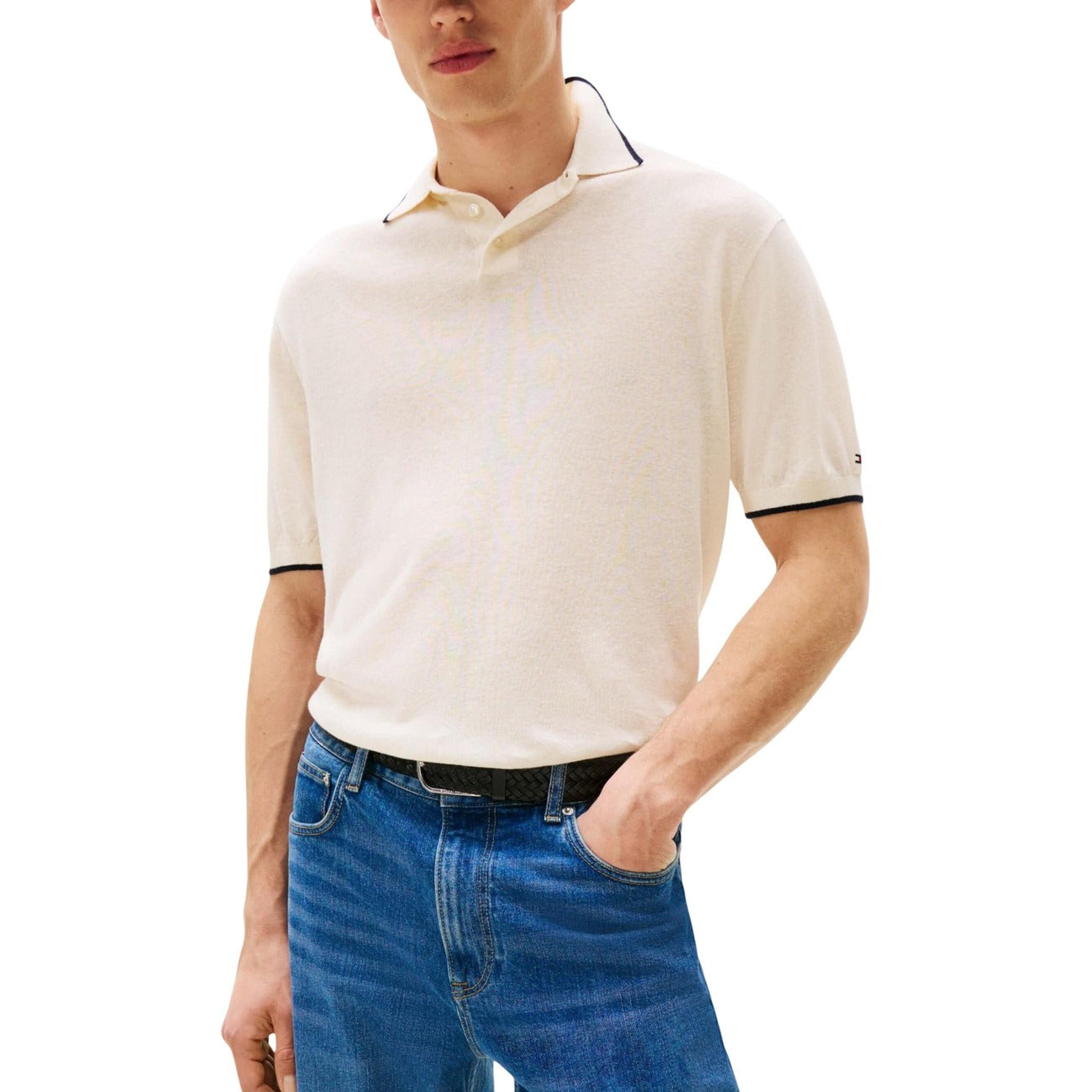 Tommy Hilfiger Men Knitwear Linen Lyocell White – front view, round neck, short sleeves