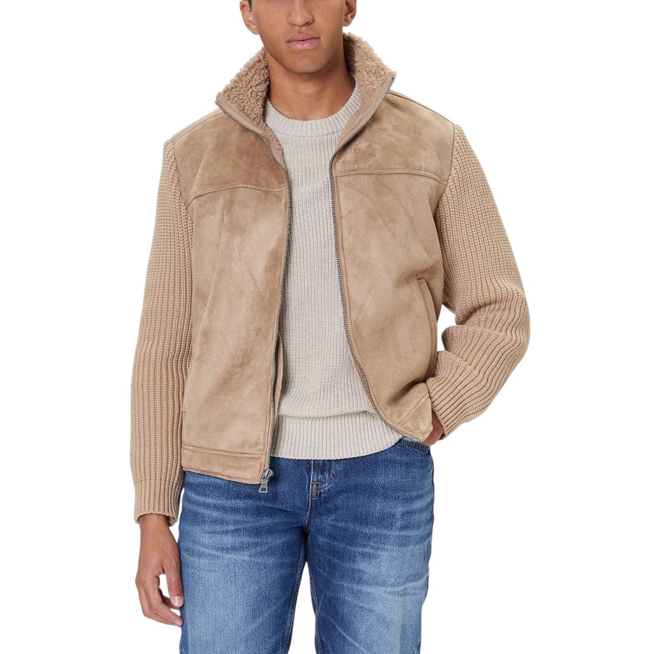 Front view of the beige Guess men jacket featuring zipper closure and pockets.
