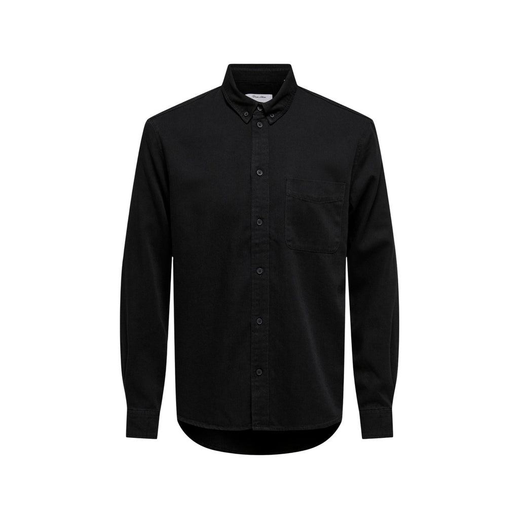 Only & Sons Men Shirt 100% Cotton Black – front view, round neck, classic collar, long sleeves