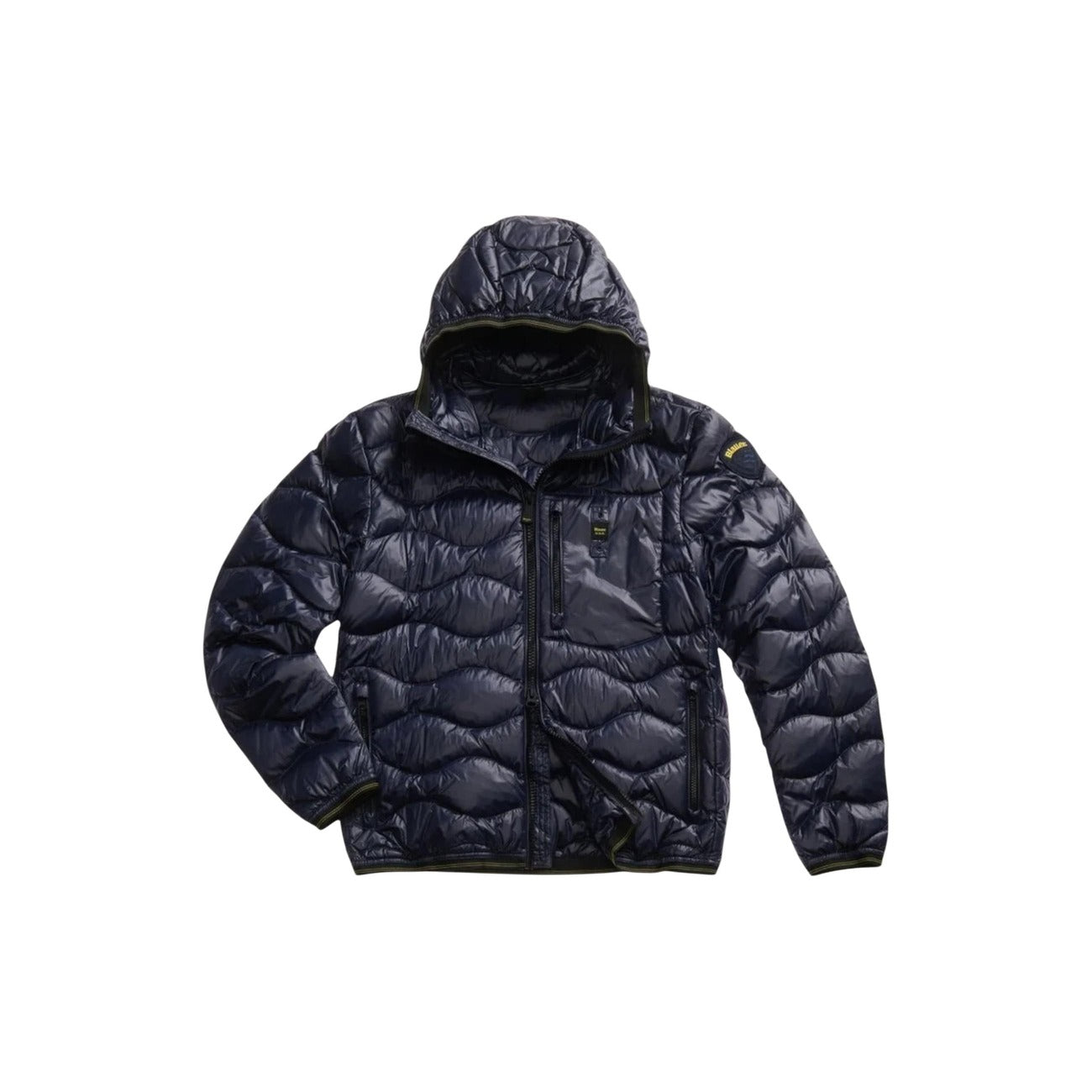 Front view of the navy puffer jacket featuring a hood and quilted design against a white background.