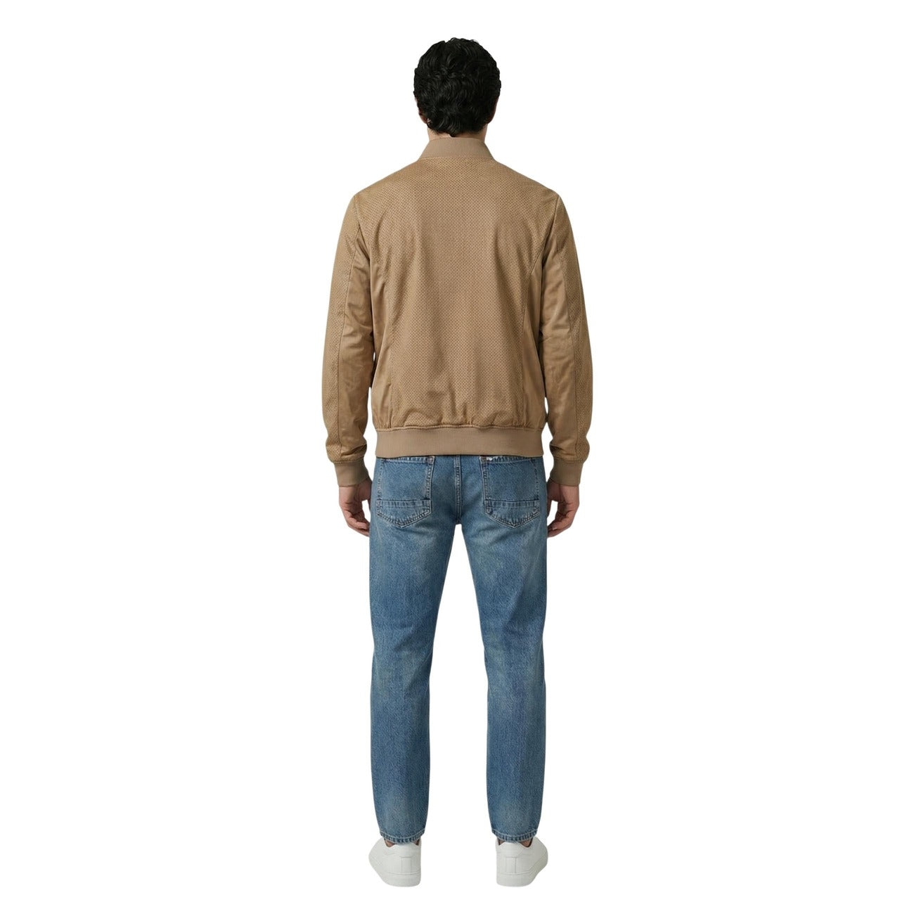 Back view of the tan bomber jacket showcasing a ribbed collar and plain back on a white background.