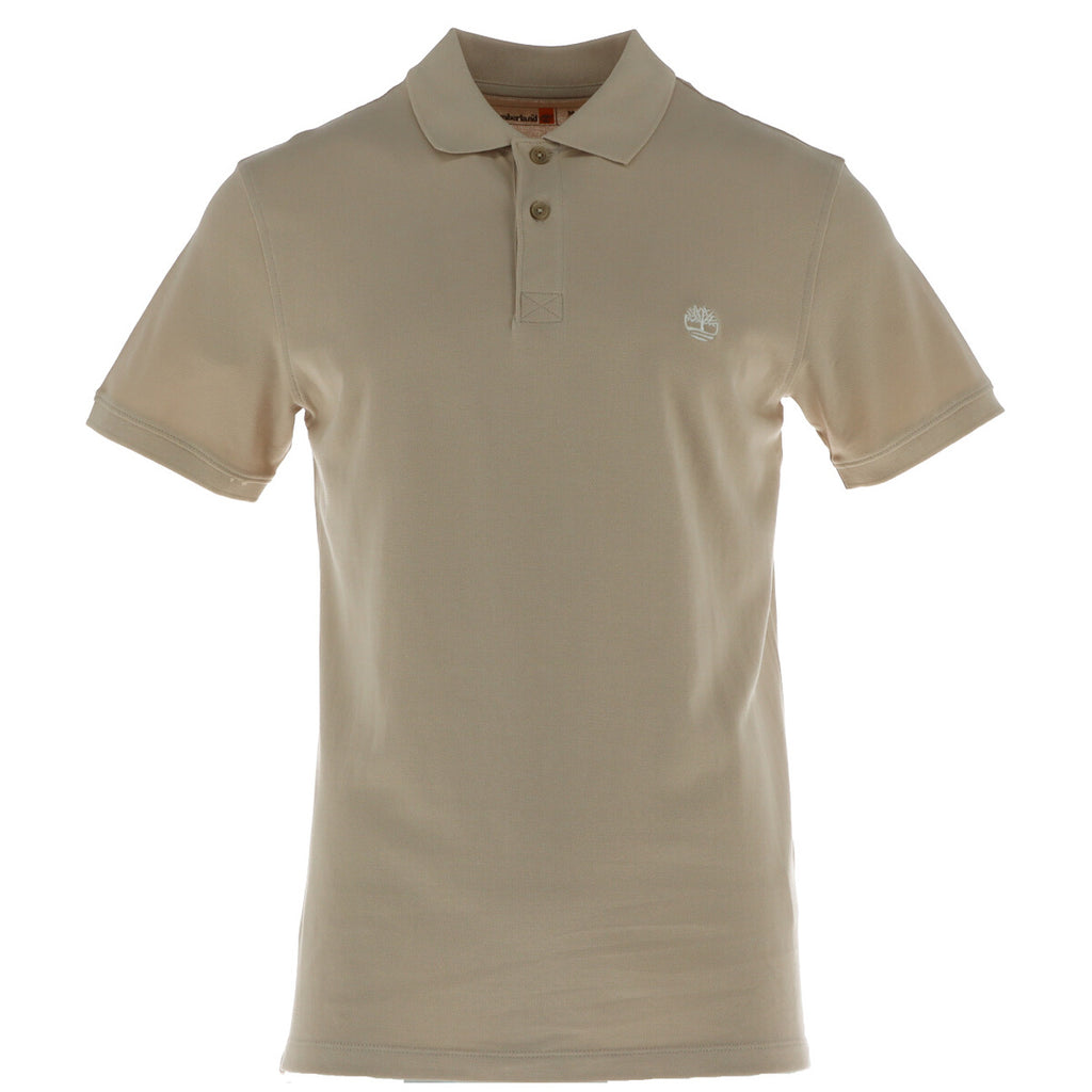 Front view of the beige polo shirt featuring a collar and short sleeves against a white background.