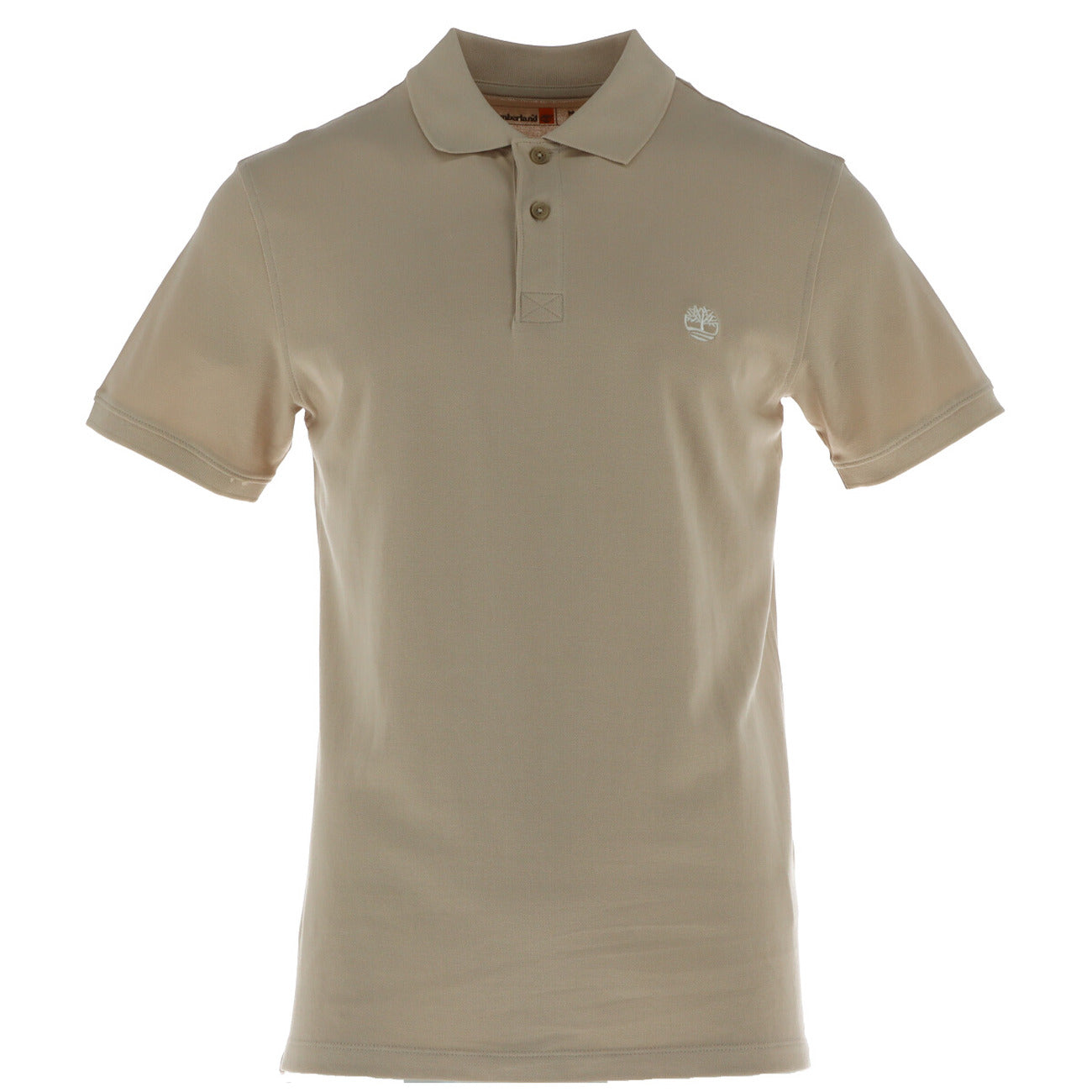 Front view of the beige polo shirt featuring a collar and short sleeves against a white background.