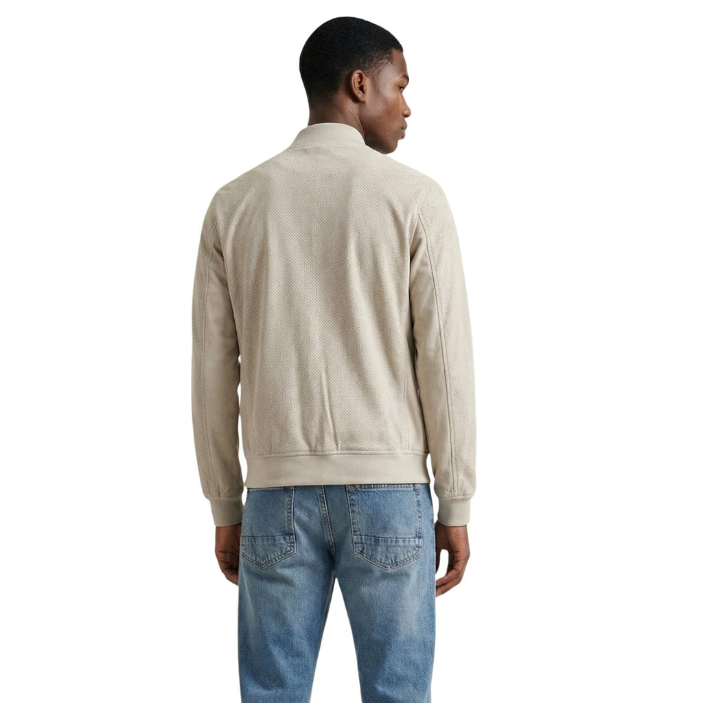 Back view of the grey jacket showcasing a simple design on a white background
