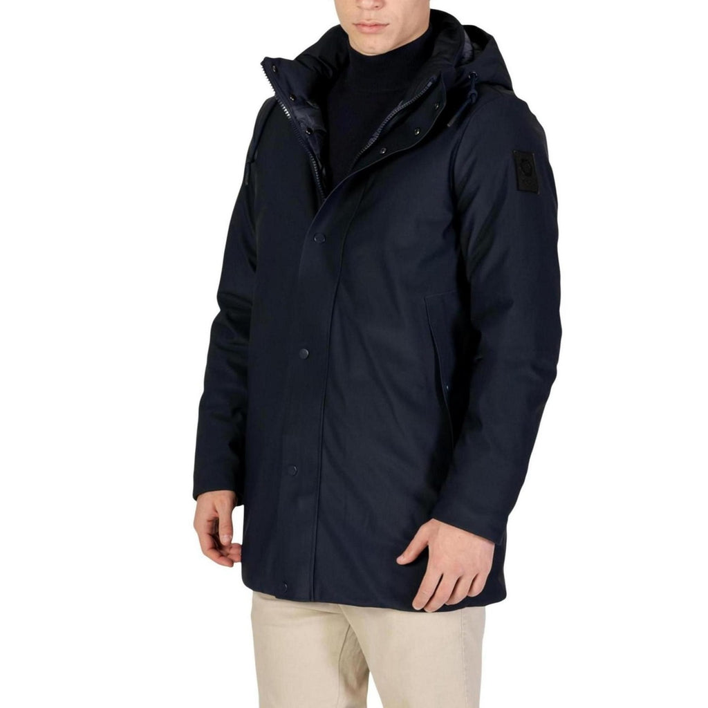 Side view of the navy jacket showcasing the hood and front pockets on a white background.