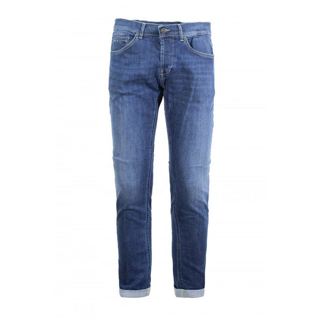 Front view of blue jeans featuring a slim fit and faded wash on a white background