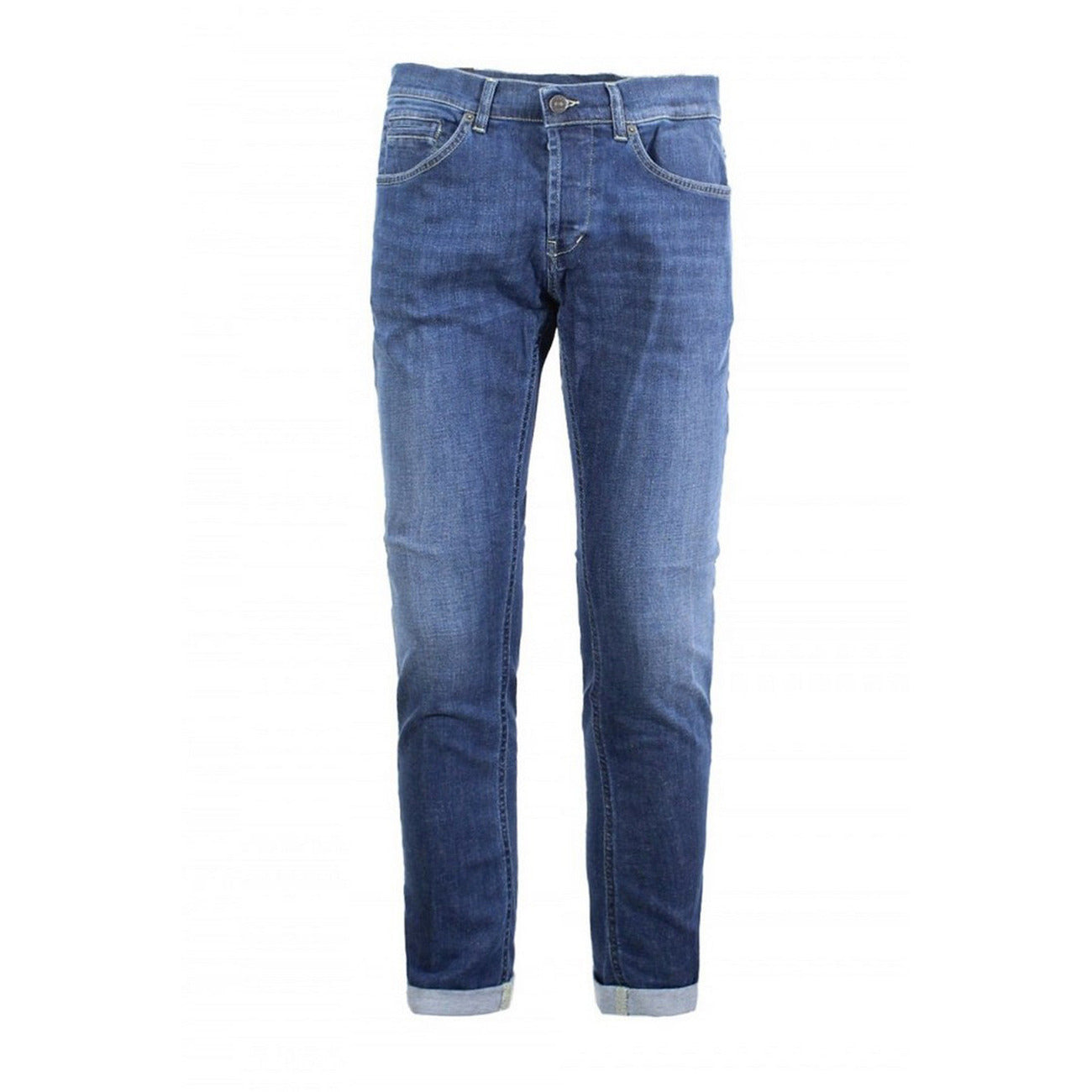 Front view of blue jeans featuring a slim fit and faded wash on a white background