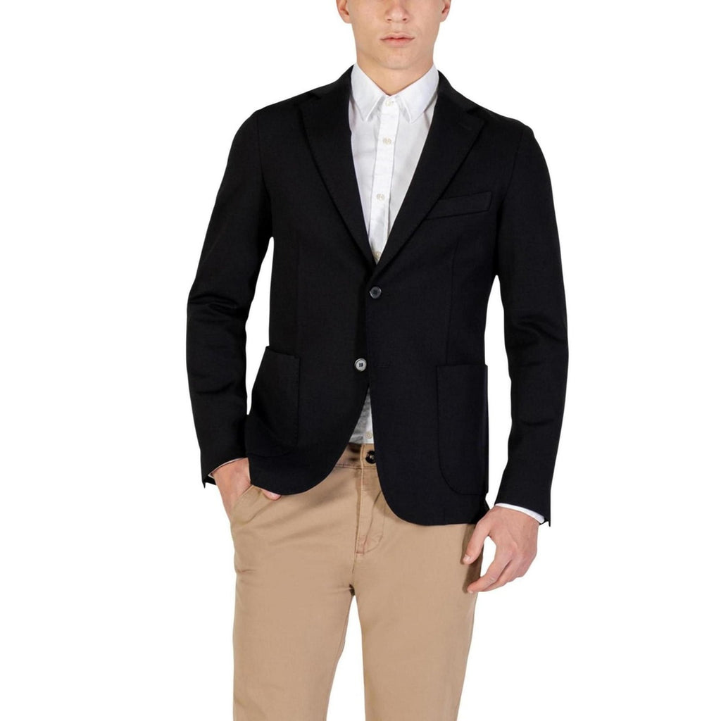 Front view of the black blazer featuring a single button and notched lapel on a white background