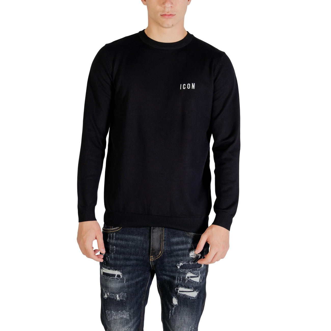 Icon Men Knitwear Viscose Black – front view, round neck, long sleeves