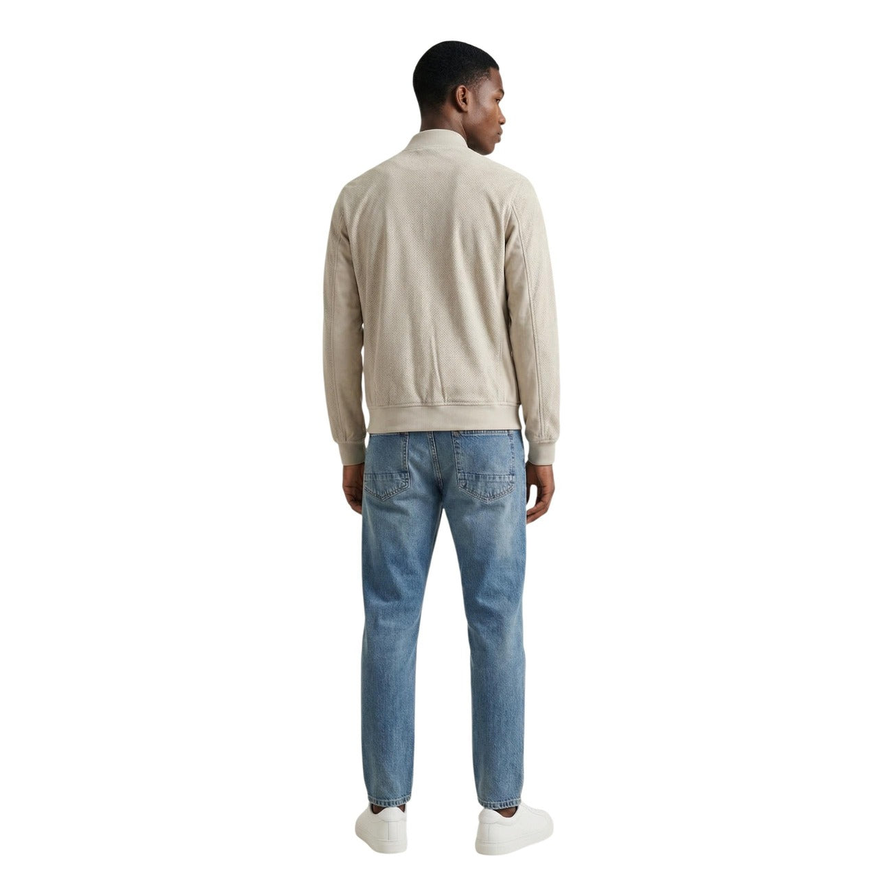 Back view of the grey jacket highlighting a casual fit on a white background